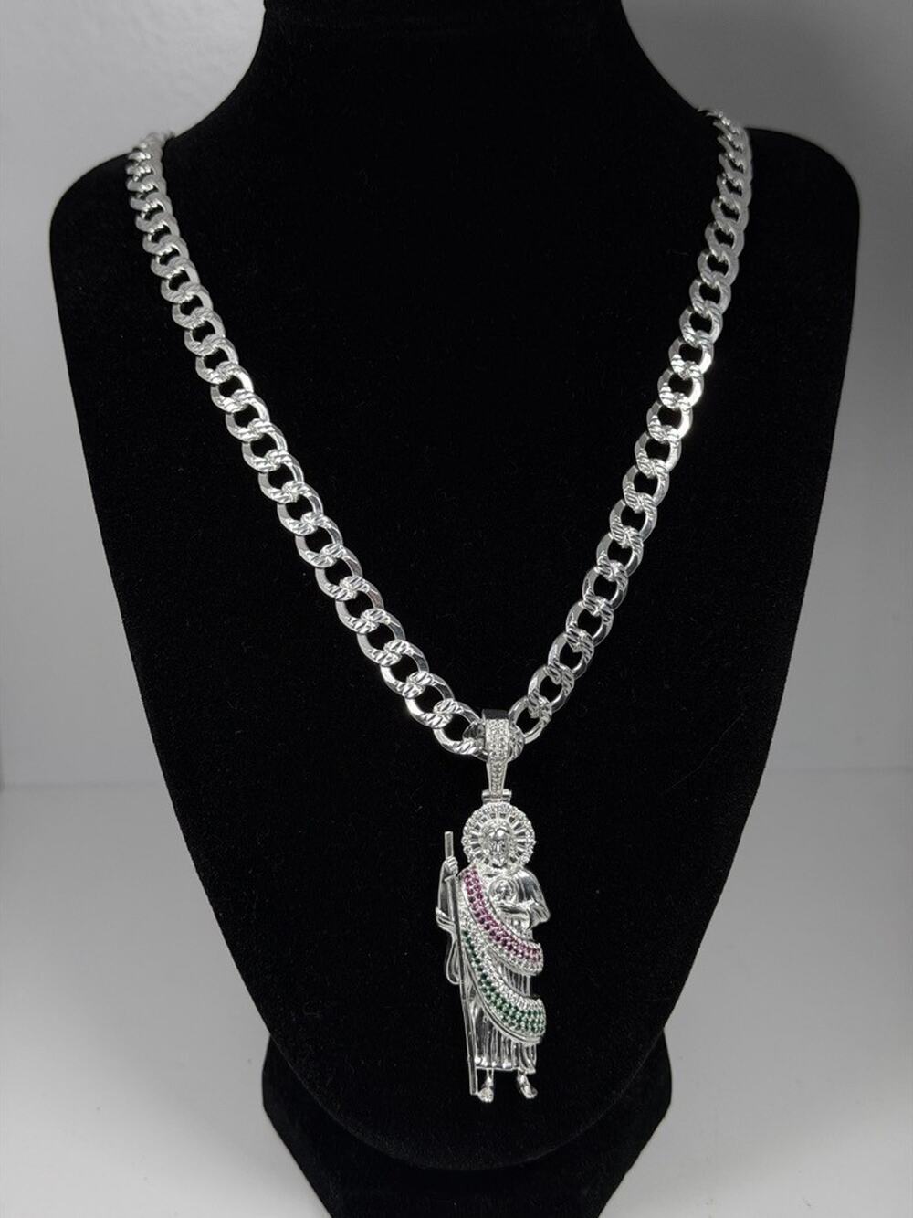 925 Sterling Silver San Judas Pendant Necklace 23 Inch 8.6mm Curb Chain